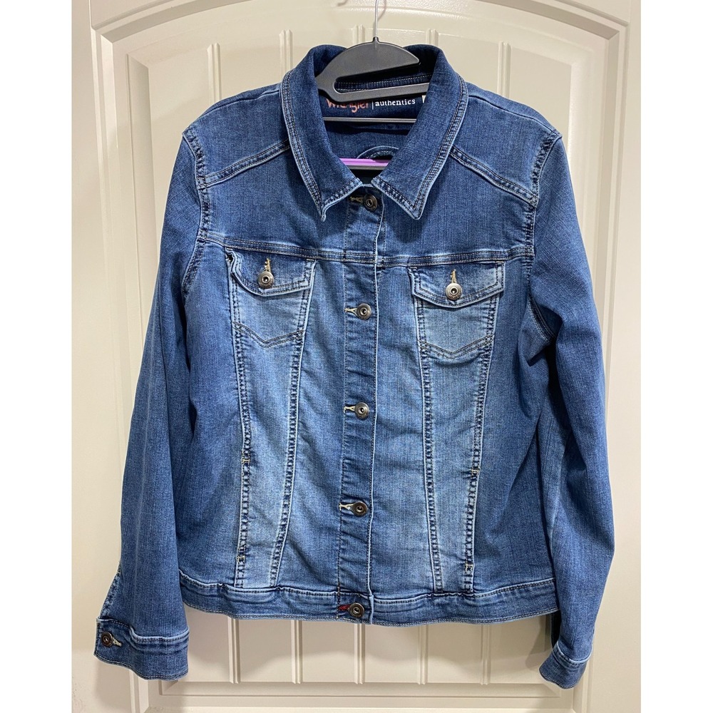Wrangler Authentics Jacket Womens XL Blue Denim Trucker Medium Wash Button Up